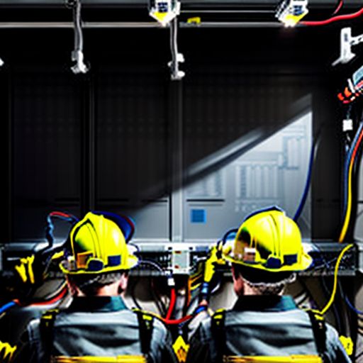 Commercial electricians working on a complex wiring system